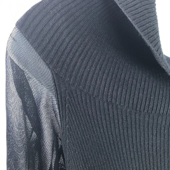 H by HALSTON LBD, black stretchy knit dress, cowl neck, mesh sleeves, sz M - Picture 6 of 14